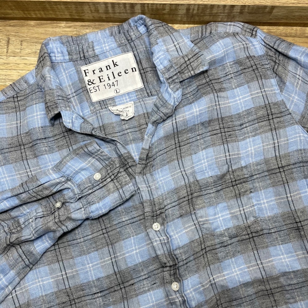 Frank & Eileen Eileen Blue Grey Plaid 100% Linen Button Down Shirt Womens Large